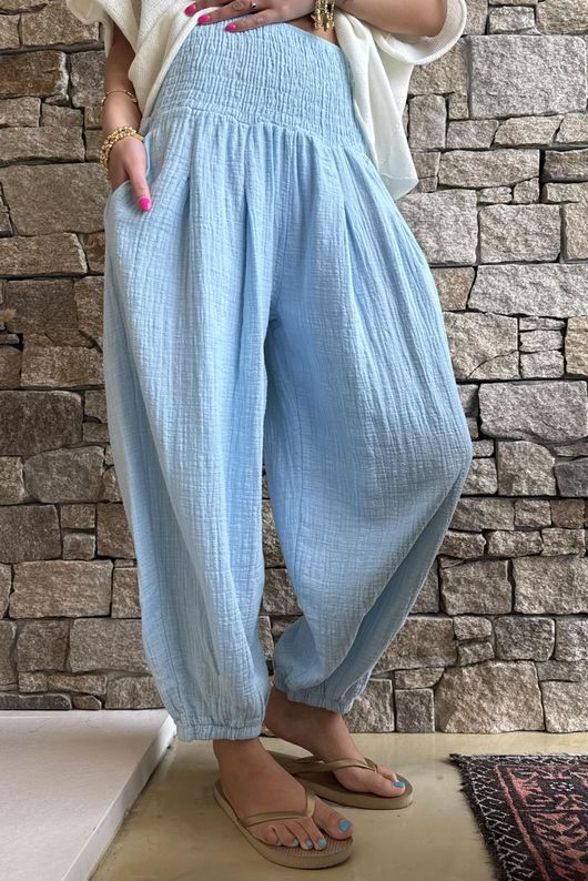 Annie Cushion Cotton Cuff Barrel Pant Bridgerton Blue